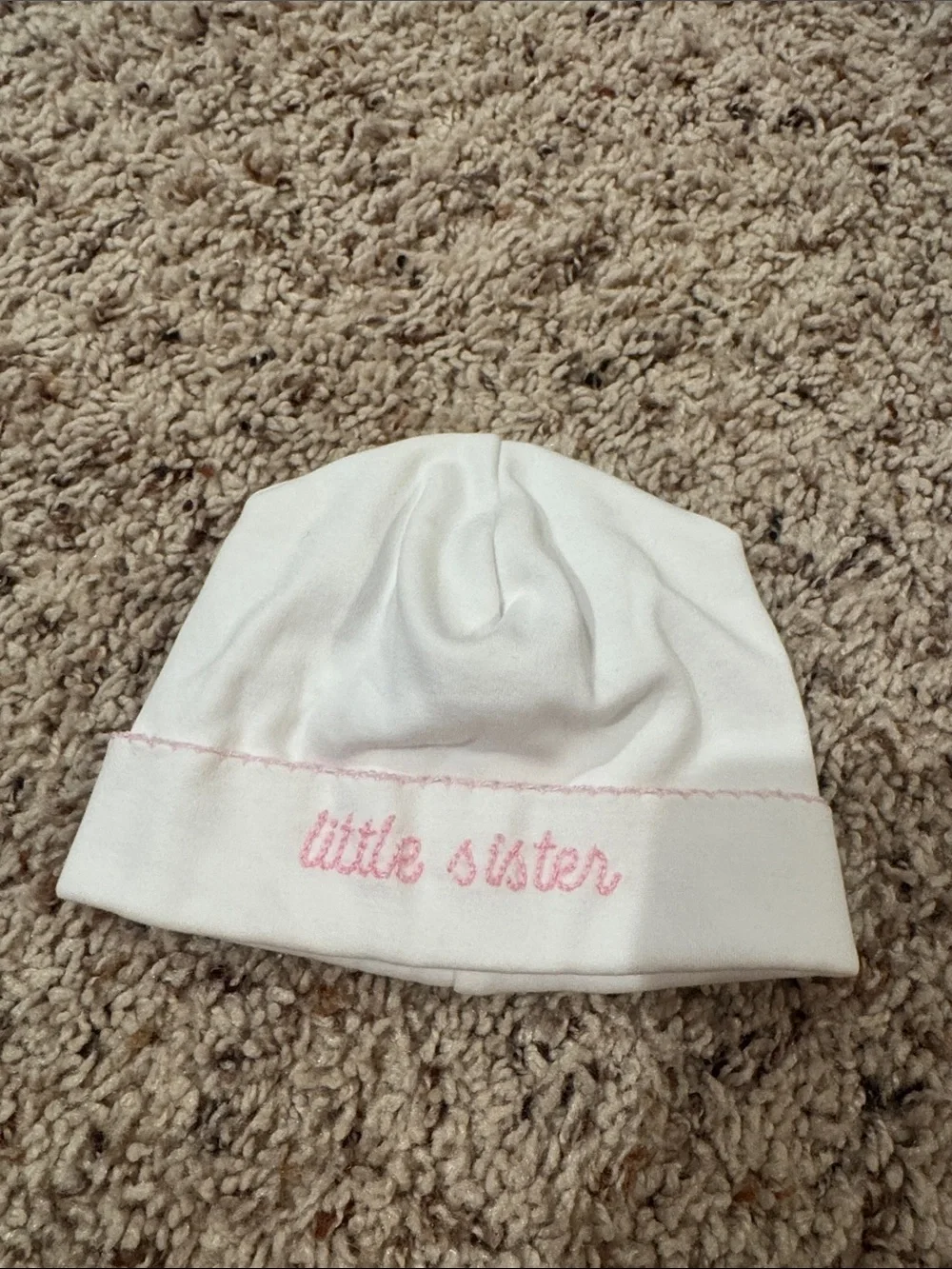 Little Sister Baby Beanie - White with Pink Embroidery